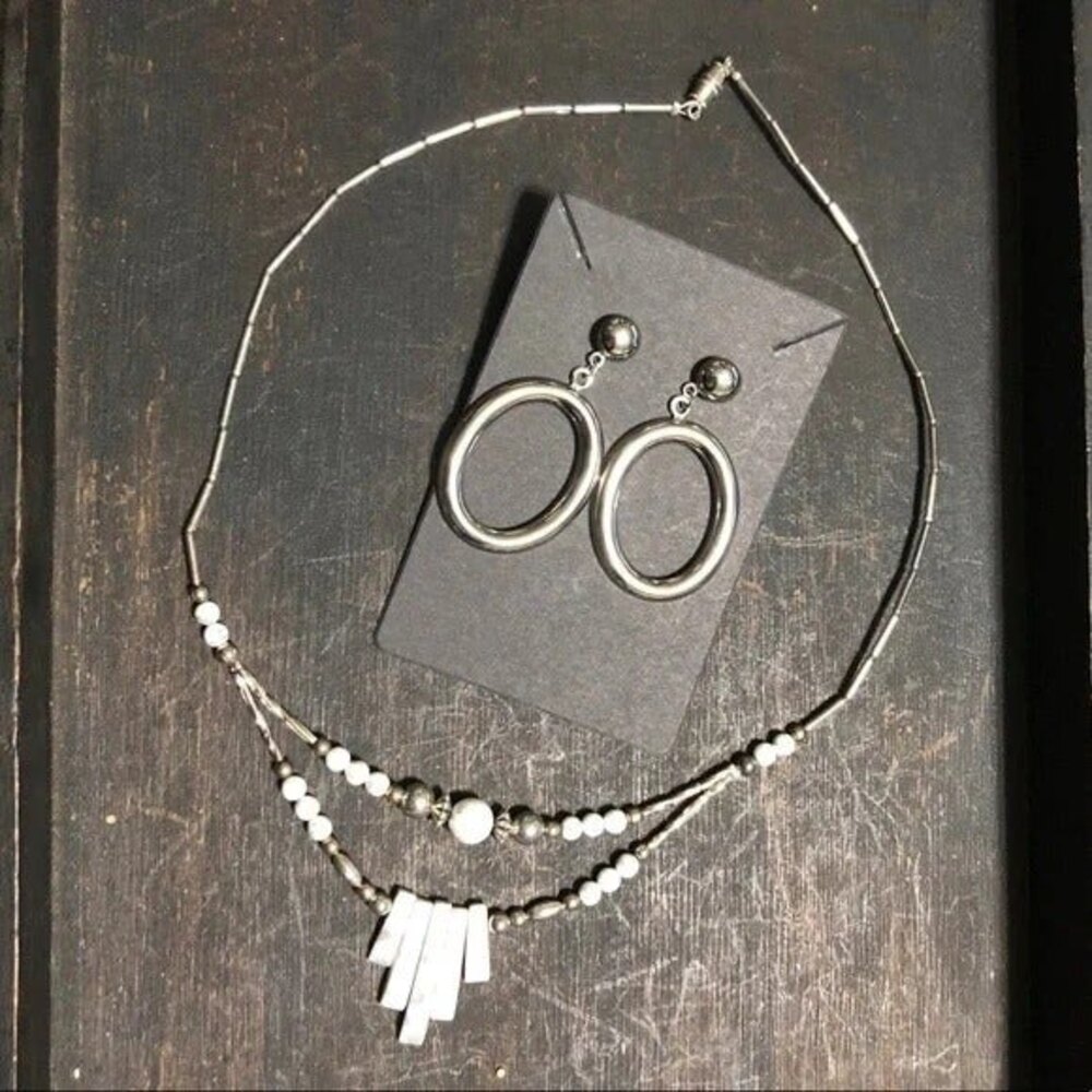 Silver Marble Beaded Necklace & Earrings Handmade Silver Tone
